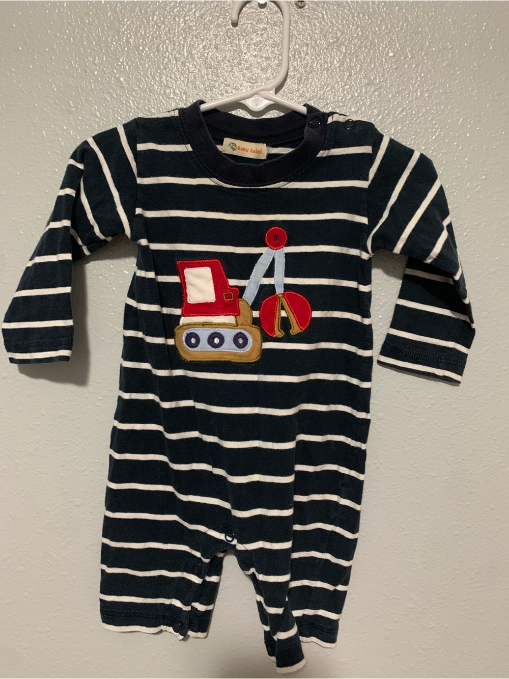 Striped Navy and White Footie with Red Excavator Applique